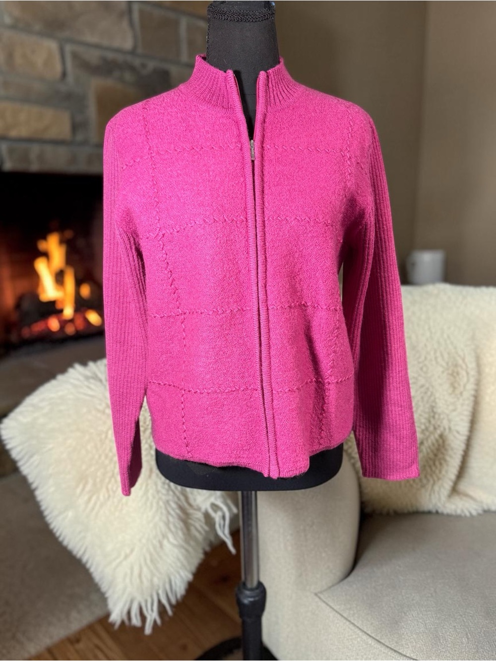 Karen Scott Bright Pink Full-Zip Crewneck Sweater